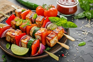 Veggies on skewers tofu tomatoes peppers zucchini onions on a plate with dressing sesame seeds lime