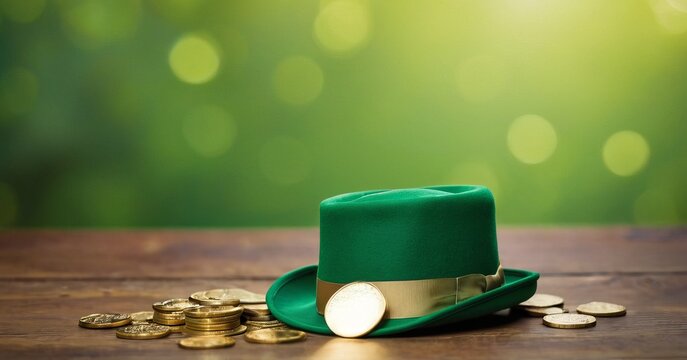 green leprechaun hat and gold coins on a wooden surface against a background of fiery bokeh lights. for St. Patrick's Day or other themed events related to Irish culture or leprechaun myths.