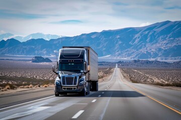 Large black semi truck transporting cargo in dry van trailer on California highway road - obrazy, fototapety, plakaty