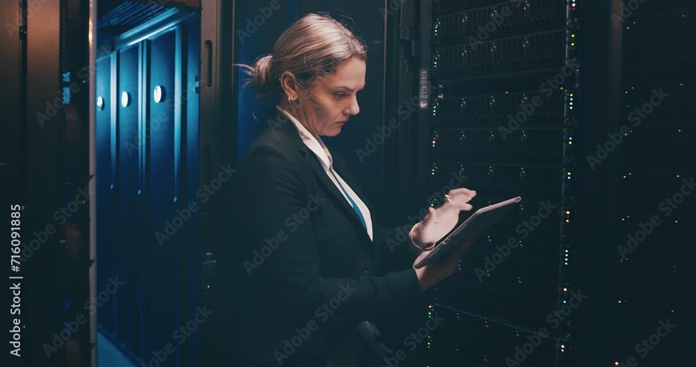 Canvas Prints Woman in server room with tablet, inspection or network maintenance with engineer in storage for database update. Tech service, system administration or technician on digital app checking data center