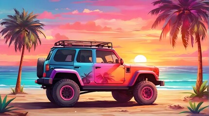Colorful offroad car on the beach with palm trees and sunset happy vibes in background