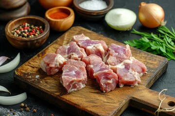 Fototapeta premium Chopped fresh lard and meat on a cutting board ready for cooking with onion and spices