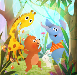 Safari or zoo animals dancing having fun among trees and nature. Elephant giraffe bear and bunny jumping and dancing in jungle. Vector cartoon illustration for children book.