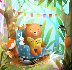 Cute bear reading or studying a book with animals in forest among trees and nature. Fox bunny squirrel and raccoon listening to a story. Vector cartoon illustration for children book.
