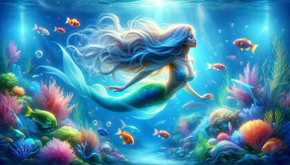 Mermaid's Enchanted Marine Journey.
A captivating mermaid explores the depths of a vivid seascape.