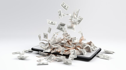 A bunch of cash profits fly out of a smartphone on a white background. Earning money on the Internet.