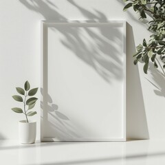 Minimalist frame mockup resting on a wooden table, next to a lovely plant, isolated white wall with sunlight at  background...