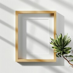 A close-up view of single, empty, wooden frame mock-up on an isolated white wall, with decoration like green plant and sunlit...