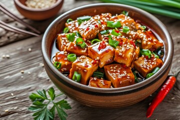 Healthy vegetarian Asian food with tofu green onions chili peppers and sesame in teriyaki sauce