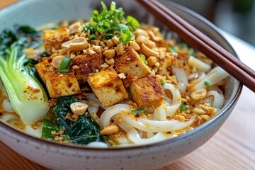 Healthy vegan menu with udon noodles and pad thai sauce topped with smoked tofu mixed vegetables Chinese baby bok choy garlic chives shallots and crushed peanu