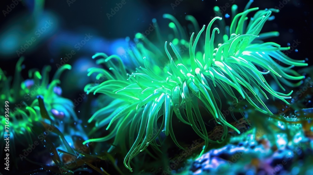 Poster a luminescent sea anemone pulsing with vibrant green light creating a mesmerizing display