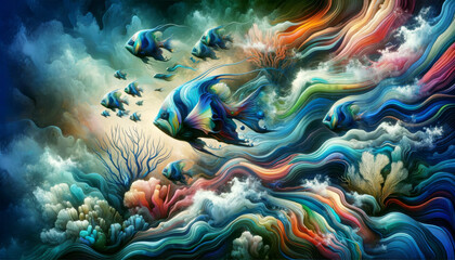 Fototapeta na wymiar Fantastical Ocean Currents. Artistic rendering of colourful sea waves and fish.
