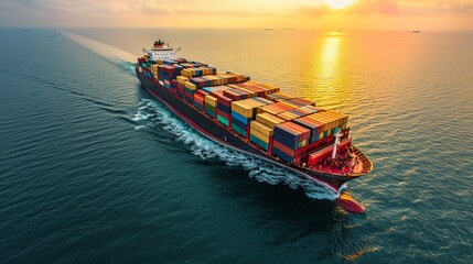 Aerial view of container cargo ship sailing on the open sea with beautiful scenic ocean background