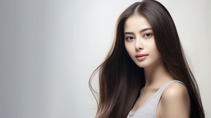 Naklejka premium Beautiful Asian Thai Thailand Woman Portrait Studio Photo Photography Profile Picture Young Model with Long Hair for Fashion Beauty Skincare Haircare Products on Light Gray Solid Color Background 16:9