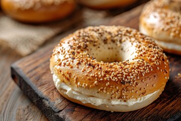 Wooden table with bagel and cream cheese