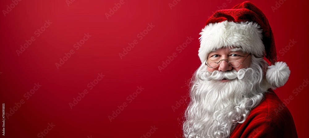 Poster cheerful santa claus on red background with space for text placement, isolated with copy space