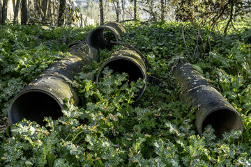 Pieces of pipes of material for the construction of pipelines abandoned in the middle of the...
