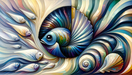 Abstract Nautilus and Fish Artwork.
Colourful, swirling nautilus with surrounding fish.