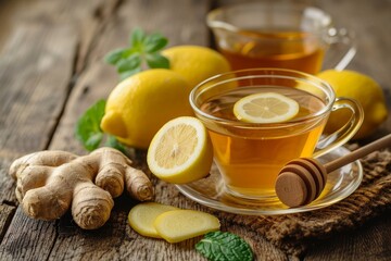 Traditional cold remedies include honey lemon ginger and a cup of tea on a wooden table - Powered by Adobe
