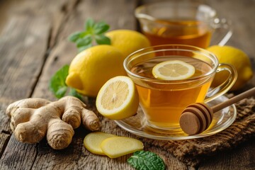Traditional cold remedies include honey lemon ginger and a cup of tea on a wooden table