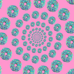 Donuts with sprinkles spiraling on a pink background