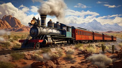 historic narrow-gauge train reminiscent of the Wild West chugs along a rocky desert landscape - obrazy, fototapety, plakaty