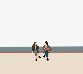 Obraz premium Two young beautiful women in casual wear smiling and talking while enjoying coffee during holiday vacation near lake. Good talk with friend.