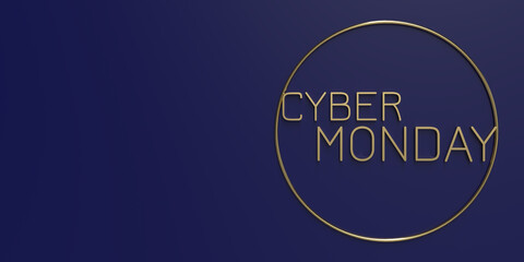3D rendered, gold color cyber monday text on blue background with large copy space.