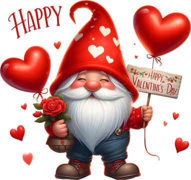 Little gnome with red hearts, Valentine's day card template or sticker