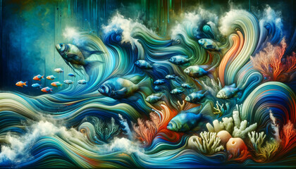 Fototapeta na wymiar Abstract Artistic Sea Wave. Abstract and colourful representation of sea waves with marine life.