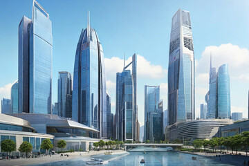 Dazzling Financial Hub. Cityscape with iconic business buildings and banking institutions. A vibrant representation of economic prowess and urban success.