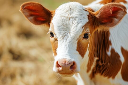 Close up of a pensive calf adorable and red and white