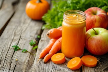 Fresh healthy juice in a glass jar placed on a rustic wooden table