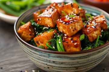 Tofu stir fried with sesame and greens in a bowl