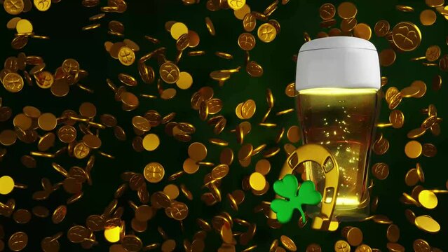 A glass of beer with animated bubbles and falling coins