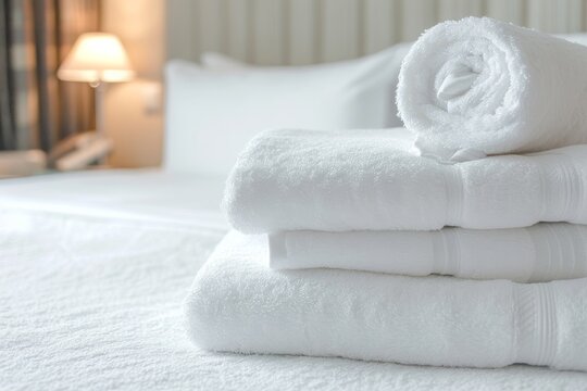 White towels on white bed at hotel with close up and selective focus
