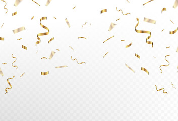 Gold confetti and ribbon streamers falling on a transparent background. blur. can be used for celebrations, Christmas, New Year, Carnival celebrations, Valentine's Day, Holidays, National Holidays, et