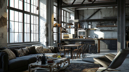 Bright loft interior with communal table, chairs and brick wall . Ai Generative