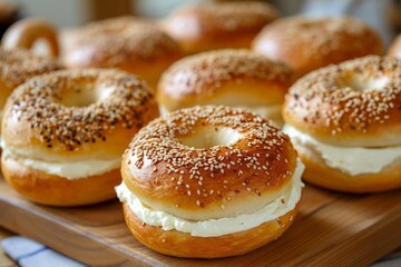 Obraz na płótnie Canvas Breakfast with cream cheese on freshly baked sesame seed and plain bagels