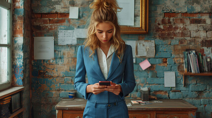 female business executive in a blue suit looking at her cellphone - texting - deep in thought - serious expression - stylish fashion - leader - planning - obrazy, fototapety, plakaty