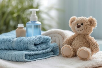 Fototapeta na wymiar Childcare concept with baby care accessories towel teddy bear and shampoo bottles