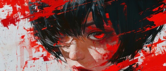 Mikasa in Death Note, Traditional Chinese New Year paintings, looking at viewer, close-up, minimalist color field, minimalist abstraction style, symmetrical grid, plaster, reslistic details