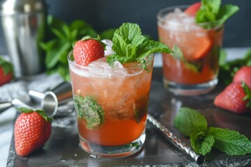 Mint julep cocktails with tools for mixology that have strawberry flavor - obrazy, fototapety, plakaty