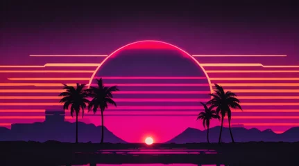 Foto op Plexiglas 80s retro futuristic sci-fi background. Retrowave VJ videogame landscape with neon lights and low poly terrain grid. Stylized vintage cyberpunk vaporwave 3D render with mountains, sun and stars. 4K © Cobe
