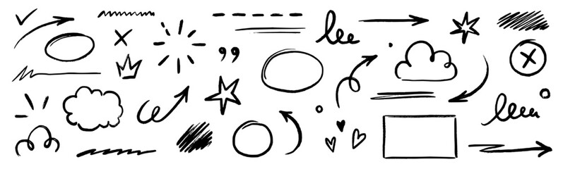 Line text highlight, hand drawn pen brush marker vector. Line text underline, emphasis, star, arrow mark element. Hand drawn stroke, crown, love heart, pencil swoosh shape. Vector illustration.