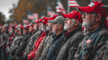 Campaign rally - red hats - older men - American flags - winter - patriotism - civil war - political polarization 