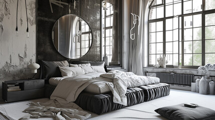 Luxury bedroom interior with minimal decor, loft style . Ai Generative