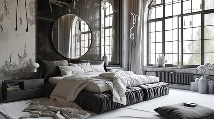 Fotobehang Luxury bedroom interior with minimal decor, loft style . Ai Generative © Witri
