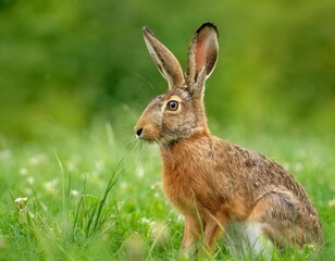 Naklejka na ściany i meble Brown hare sitting in the grass