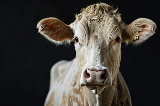 Close up portrait of a sad cow on black background